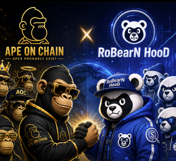 A digital promotional artwork for NFTs titled 'APE ON CHAIN - APES PROBABLY EXIST' facing off against 'RoBearN HooD', showing stylized ape and bear characters in streetwear against a futuristic blue background.