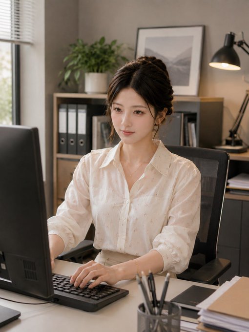An AI-generated image of a young woman in a cream-colored blouse working at a computer in a home office setting with plants and a lamp.