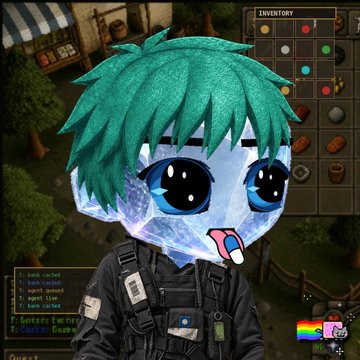 An anime-style character with green hair and large blue eyes is shown over what appears to be a game inventory screen.