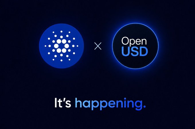A Cardano logo paired with an "Open USD" badge and the text "It's happening." accompanies an announcement about Open USDT coming to the Cardano ecosystem.