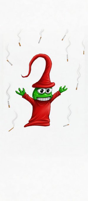 A cartoon illustration of a green-faced figure in a red robe and pointed red hat with arms raised, surrounded by floating cigarettes emitting smoke against a white background.