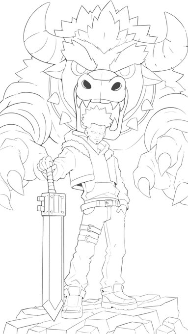 A black-and-white line art drawing showing a young spiky-haired anime-style character holding a large sword, standing in front of a massive fanged beast with horns.