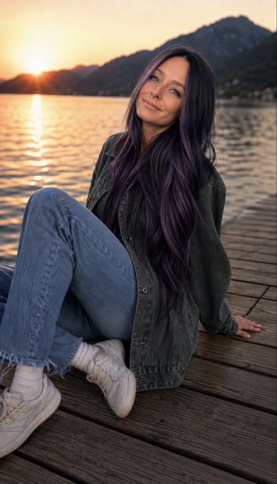 A woman with long dark purple-streaked hair sits on a wooden dock at sunset, wearing a denim jacket, blue jeans, and white sneakers, smiling softly at the camera.