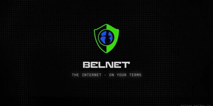 A logo for 'BELNET' featuring a green shield with a blue globe inside, accompanied by the tagline 'THE INTERNET - ON YOUR TERMS' on a dark dotted background.