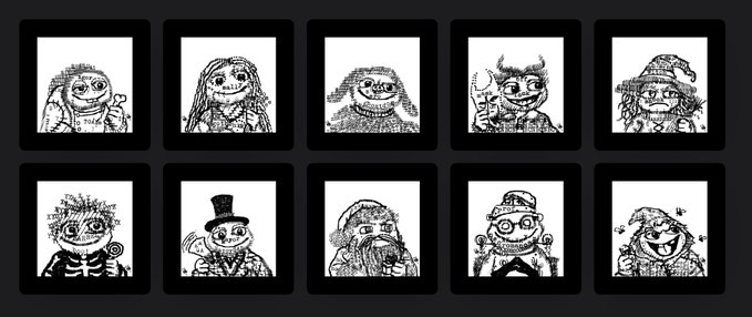 A grid of 10 black and white pixel-art character portraits, each depicting various figures including a grim reaper, a wizard, and a skeleton.