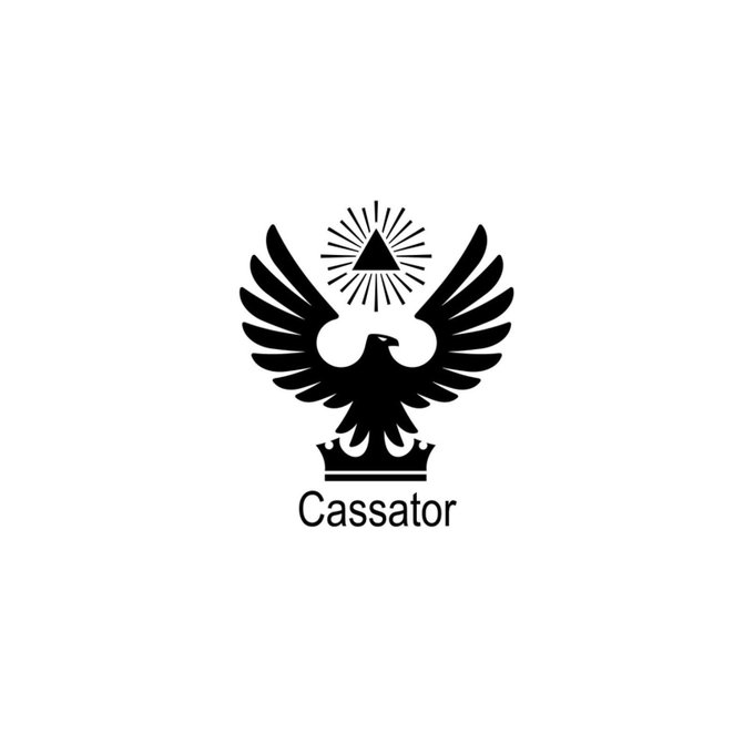 A black and white logo featuring an eagle with spread wings holding a banner, with a triangle and sunburst design above and the word 'Cassator' below.