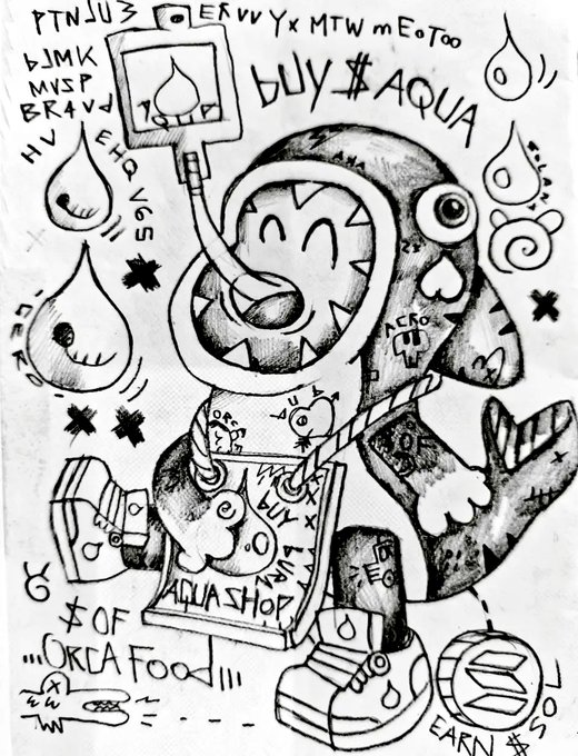 A black and white hand-drawn doodle illustration featuring a cartoon shark-like character in a spacesuit holding a phone, surrounded by water droplets and text including 'BUY $AQUA', 'AQUA SHOP', and 'OKLA Food'.