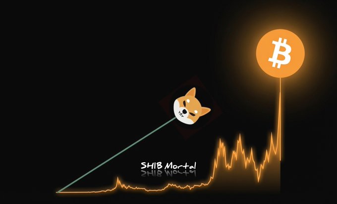The image shows a graphic comparing Bitcoin (BTC) and Shiba Inu (SHIB), with Bitcoin depicted as a large glowing orange "₿" coin on the right and the Shiba Inu dog logo positioned lower on the left, connected by a diagonal line representing a projected price trajectory. The text "SHIB Mortal SHIB World" appears in the center, and the orange chart line at the bottom rises dramatically toward Bitcoin's elevated position, illustrating the speculative post's question about whether SHIB could reach $1 if BTC hits $1 million.
