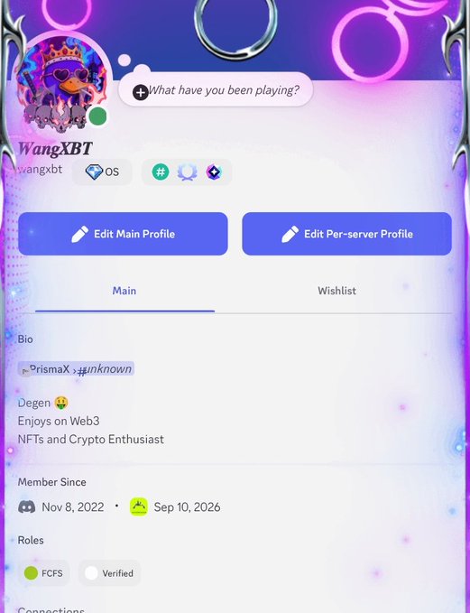 A profile page on a gaming/community platform for user 'WangXBT' (handle 'wangxbt'), displaying a bio that reads 'Degen 😄 Enjoys on Web3 NFTs and Crypto Enthusiast', with member since dates 'Nov 8, 2022' and 'Sep 10, 2026'.