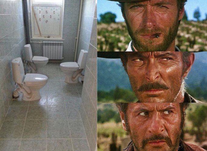 A meme juxtaposing a bathroom containing four toilets against a vertical stack of three close-up shots of a rugged man with a mustache (resembling Eli Wallach in 'The Good, the Bad and the Ugly'), each showing an increasingly skeptical expression.