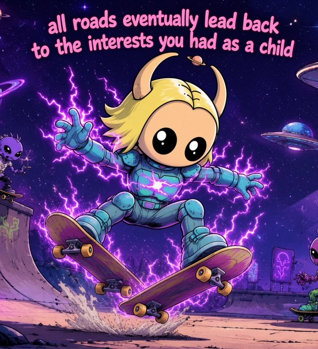 A vibrant cartoon illustration of a blonde horned character in a blue suit riding a skateboard through purple lightning in a skatepark with UFOs, captioned 'all roads eventually lead back to the interests you had as a child'.