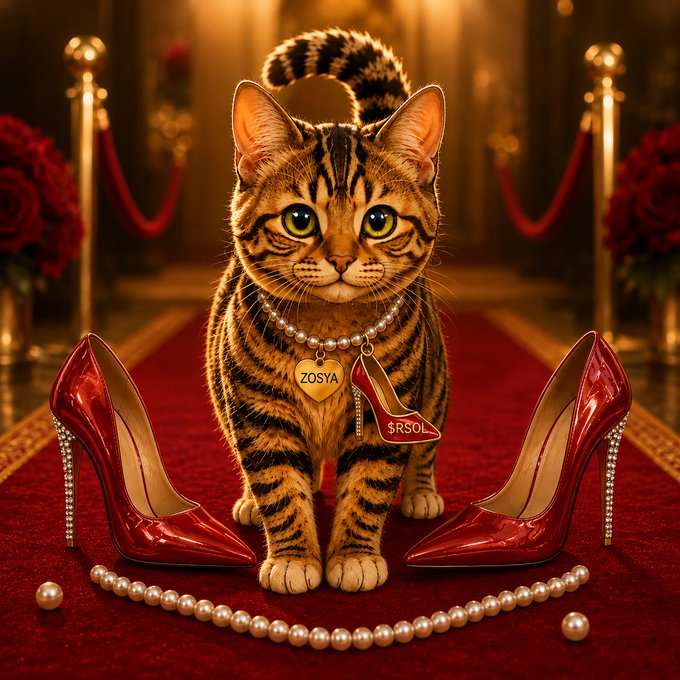 A digital artwork of a tabby cat wearing pearl necklaces with 'ZOSYA' and '$RSOL' tags, standing on a red carpet between two red high-heeled shoes.