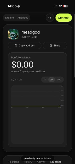 A screenshot of the ponsfamily.com profile page for wallet "meadgod" (0x86f2...7745), showing a portfolio balance of $0.00 across 0 open pons positions with a flat 7-day chart. The image illustrates the stealth-launched $franklin pons profile as referenced in the post.