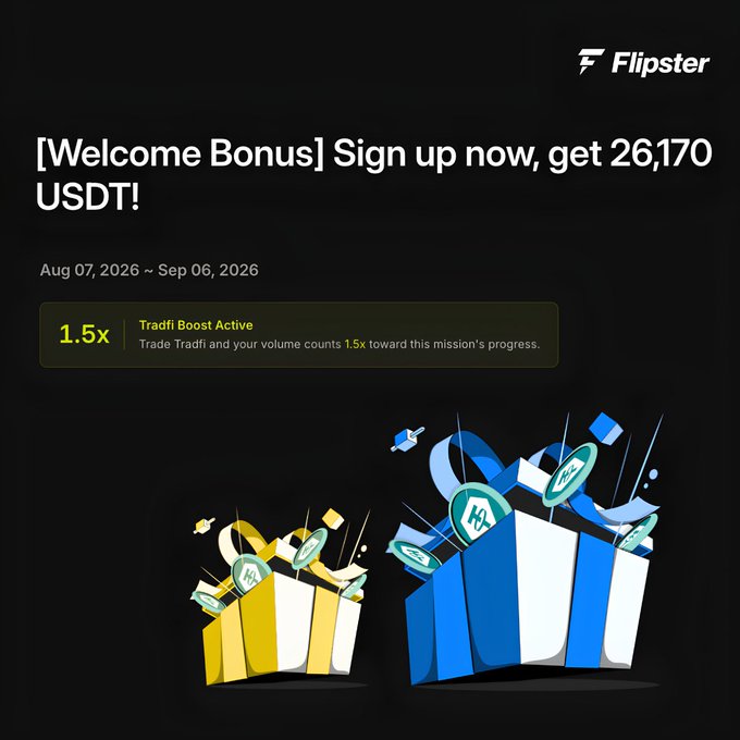 A Flipster promotional graphic offers a '[Welcome Bonus] Sign up now, get 26,170 USDT!' valid Aug 07, 2026 – Sep 06, 2026, featuring a 1.5x Tradfi Boost Active with illustrations of gift boxes and coins.