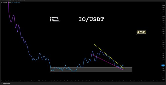 A TradingView chart of IO/USDT shows the altcoin's price consolidating near a key support zone around $0.2666, with a descending wedge pattern (highlighted by yellow and pink trendlines) suggesting a potential bullish breakout, matching the "never ever fade my falling wedge patterns" caption.