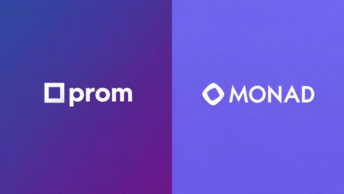 Logos for 'prom' and 'MONAD' displayed side by side on a purple and blue gradient background.
