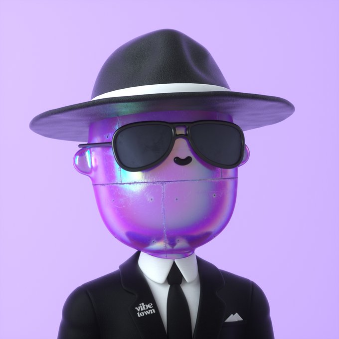 A 3D-rendered character with a purple metallic head wearing a black fedora, sunglasses, and a black suit with a 'vibe town' badge, set against a light purple background.