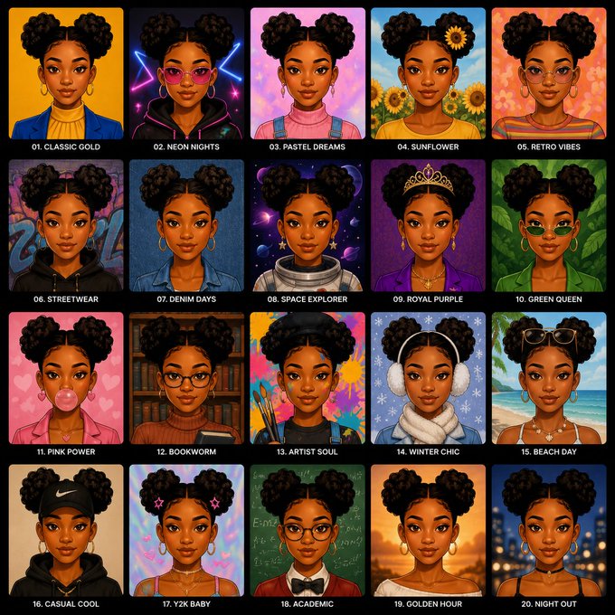 A grid of 20 avatar illustrations of a young Black woman with space buns, each styled with different themes like '01. CLASSIC GOLD', '02. NEON NIGHTS', '08. SPACE EXPLORER', and '20. NIGHT OUT'.