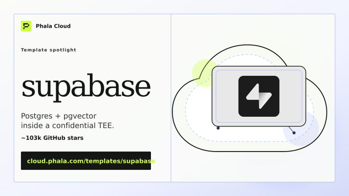 The image shows a poster for a new app called Supabase, which is designed to provide secure storage of SQL data and service keys. The poster features an illustration of a cloud with a lightning bolt symbolizing the app's name. It also includes text that explains what the app does and how it can be used in a TEE environment.