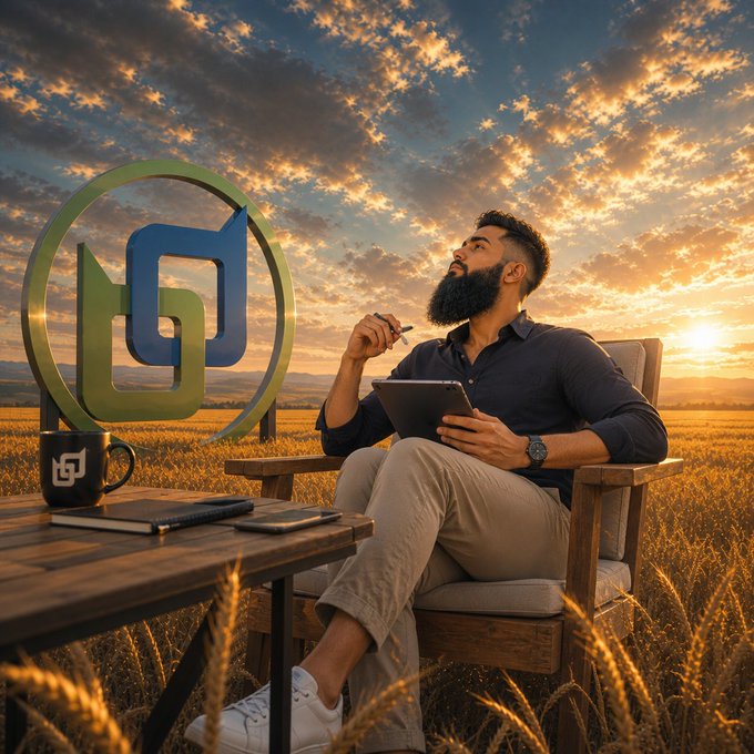 A digital artwork showing a bearded man sitting in a chair with a tablet and notebook in a golden field at sunset, with a large stylized logo behind him and a matching mug on the table.
