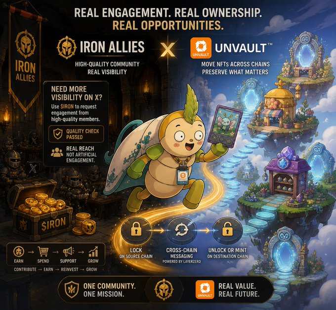 A promotional graphic featuring 'IRON ALLIES' and 'UNVAULT' NFT platforms, showing a cute mascot character holding a phone, with text about cross-chain messaging and the SIRON token ecosystem.