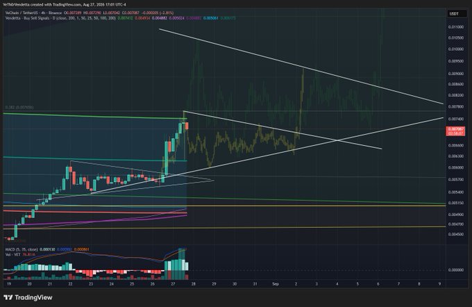 A TradingView chart shows the VeChain/USDT cryptocurrency pair (VETUSDT) on the 4-hour timeframe with the price at approximately 0.00750.