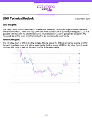 A LINK Technical Outlook document dated September 22nd discussing Chainlink (LINK) price predictions with a chart showing a downward movement pattern.