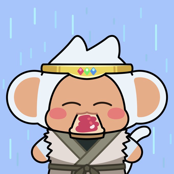 A cute cartoon character resembling a mouse or monkey with large ears, wearing a white headpiece with a jeweled band, holding a red pastry to its mouth in the rain.