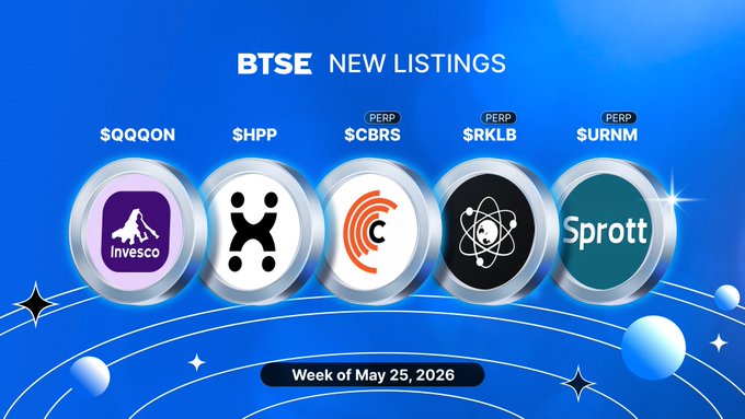 The image features a poster for BTSE's new listings, with five different logos representing various companies. The poster also includes information about the week of May 25th and the start date of trading.