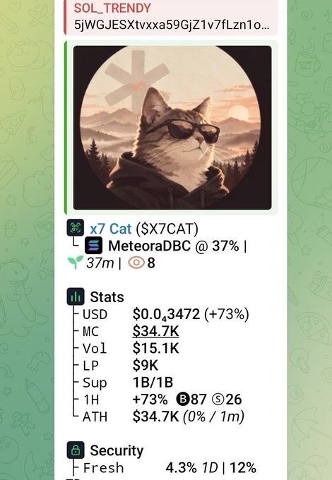 A token information page for 'x7 Cat ($X7CAT)' on MeteoraDBC shows stats including USD $0.043472 (+73%), Market Cap $34.7K, and 1H +73%.