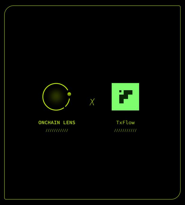 A collaboration announcement graphic featuring the "ONCHAIN LENS" logo (a circular lens-like design) alongside the "TxFlow" logo (a green square with block patterns), separated by an "X" symbol, promoting their partnership. The text confirms Onchain Lens has teamed up with TxFlow L1, an invite-only platform offering perps, spot, RWAs, and prediction markets.