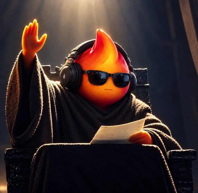 A flame-headed character wearing headphones and sunglasses sits on a throne-like chair while reading a paper, evoking a "sit back and relax" confidence that visually reinforces the post's calm, unbothered tone ahead of runners chasing the $EMBER ticker. The character appears to be reviewing notes, suggesting strategic positioning rather than panic—matching the message to "position accordingly."