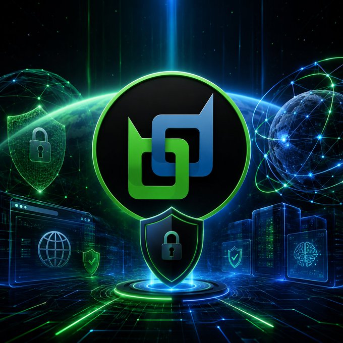 A futuristic digital graphic featuring a central green and blue 'D' logo surrounded by glowing green security shields, network globes, and data servers against a dark, neon-lit background.