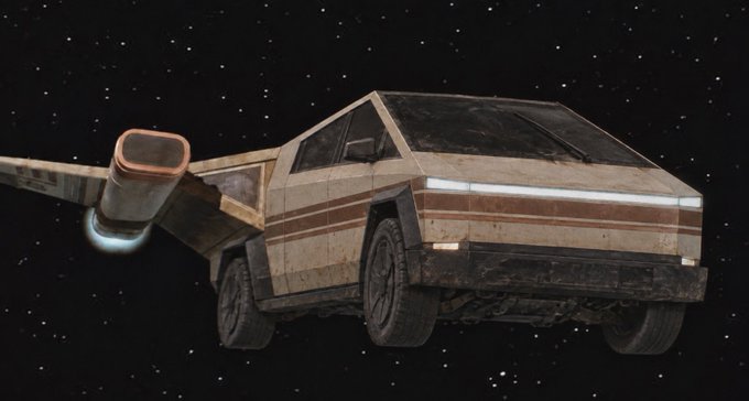 A 3D render of a weathered, futuristic vehicle resembling a Tesla Cybertruck with wing-like extensions, floating in space.