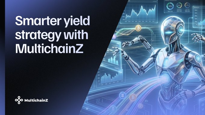 The image depicts a sleek AI robot interacting with financial charts and data, promoting MultichainZ’s “Smarter yield strategy” for DeFi—illustrating the post’s vision of using AI to empower users with smarter, confidence‑driven decisions rather than unrealistic promises.