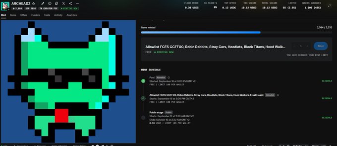 A pixel art image of a green creature is displayed on the Arcaea rhythm game website, with the song title 'Allowlist FCFS CCFFOO, Robin Rabbits, Stray Cars, Hoodlats, Block Titans, Hood Walk...' and difficulty ratings visible.