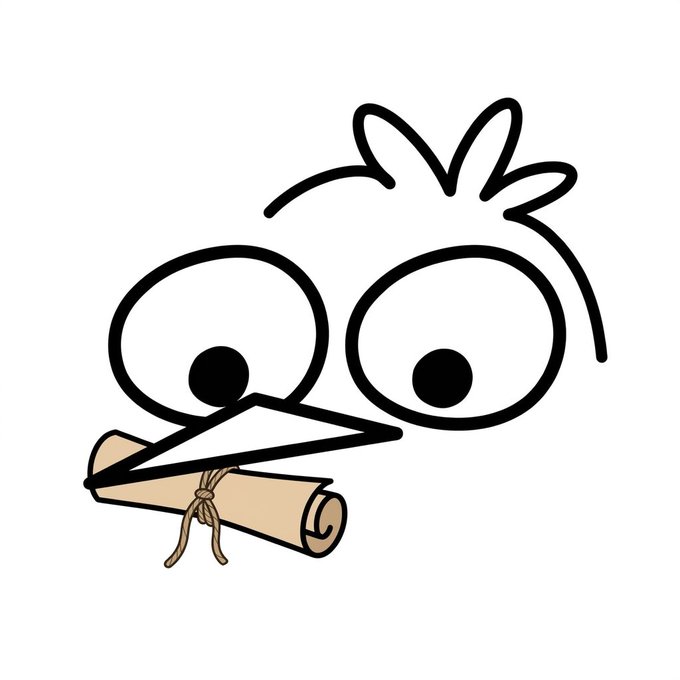 The image features an illustration of a cartoon bird holding a scroll or parchment with a message written on it. The bird appears to be peering over its shoulder as if reading the message. The background of the image is white, which contrasts nicely with the black lines and shapes used for the illustration. There are no other objects in the image besides the bird and the scroll.