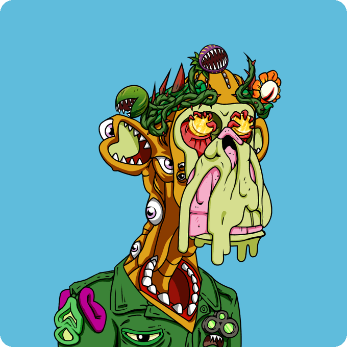 A surreal cartoon illustration of a grotesque, multi-eyed, fanged creature with green slime and vines, wearing a green jacket against a light blue background.