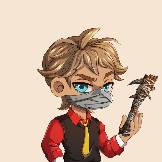 A cartoon character with messy brown hair, teal eyes, and a bandana covering his mouth holds a barbed wire-wrapped bat, dressed in a red shirt, yellow tie, and black vest—matching the gritty, rebellious aesthetic of the V3LCOR3 NFT community being championed in the post.