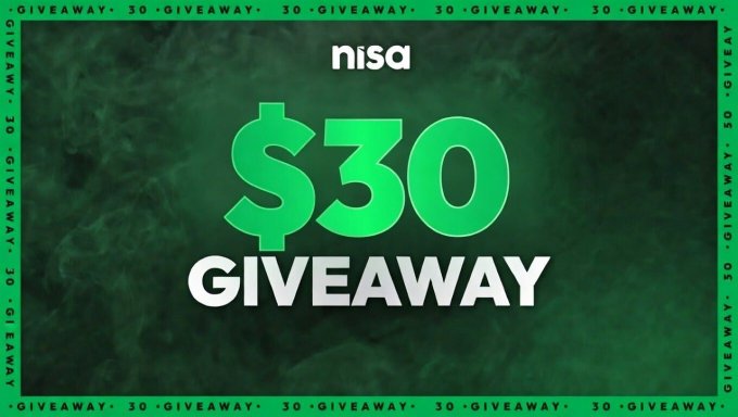 A promotional graphic featuring the "nisa" brand announces a "$30 GIVEAWAY" with bold green and white text against a dark, smoky green background. The "$30 GIVEAWAY" messaging and nisa branding reinforce the sponsored giveaway post offering $30 in USDT to one winner.