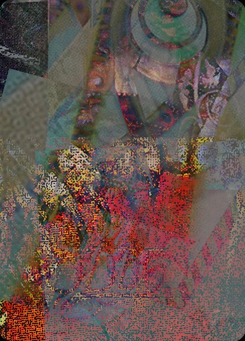 An abstract, glitchy digital artwork featuring colorful pixelated textures with hues of red, green, gold, and blue, creating a chaotic, layered composition.