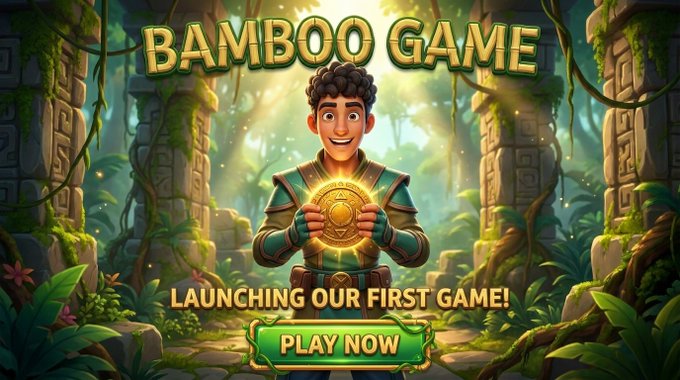 Promotional artwork for 'BAMBOO GAME' featuring a cartoon character holding a golden medallion in a jungle temple setting, with text 'LAUNCHING OUR FIRST GAME!' and a 'PLAY NOW' button.