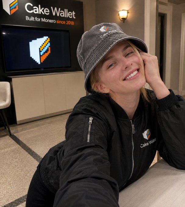 The image features a woman wearing a black jacket, hat, and sunglasses while posing for a photo with her phone. The background includes a TV screen displaying an advertisement for Cake Wallet, which is a product of Monero. The text on the screen reads "got my @cakewallet merch you don'n own enough monero". This suggests that the woman might be promoting or selling the Cake Wallet product, possibly as part of her social media presence or personal brand.