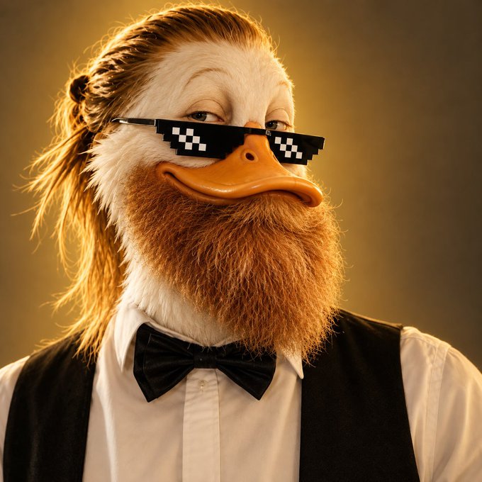 A whimsical portrait shows a duck-like character with a human-like beard and hair, wearing pixelated "deal with it" sunglasses and a formal vest with bow tie.