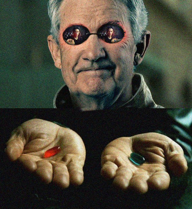The image features an older man wearing glasses holding two pills - one red pill and one blue pill, with his hands open as if he's about to take them. The caption of the image includes a reference to Bitcoin being the digital gold or a ponzi scheme, suggesting that there might be differing opinions on its value or potential risks associated with it.

The post also mentions two people in sunglasses and a man holding pills, which could imply that these individuals have different perspectives on Bitcoin as well. The image seems to be promoting an ongoing debate about the cryptocurrency's future or highlighting contrasting views on its worthiness.