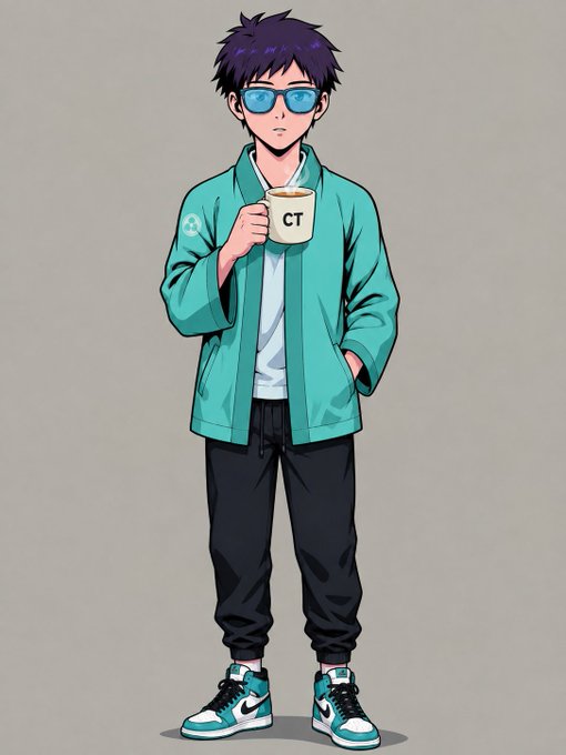Anime-style illustration of a young man with dark hair wearing teal sunglasses, a turquoise jacket, black joggers, and teal Nike sneakers, holding a mug labeled 'CT'.