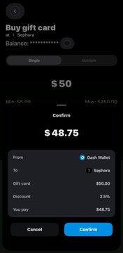 A dark-themed digital interface for purchasing a gift card, showing a $50 gift card with a 2.5% discount, resulting in a payment of $48.75 from a Dash Wallet to Sephora.