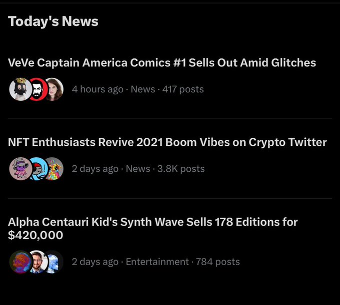 A 'Today's News' section displaying headlines including 'VeVe Captain America Comics #1 Sells Out Amid Glitches', 'NFT Enthusiasts Revive 2021 Boom Vibes on Crypto Twitter', and 'Alpha Centauri Kid's Synth Wave Sells 178 Editions for $420,000'.