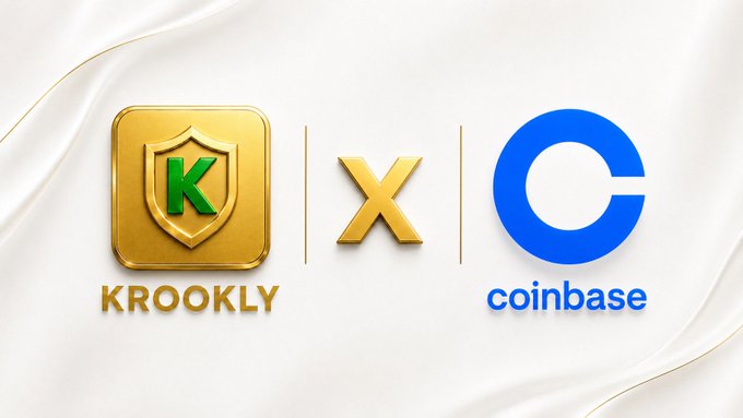 A promotional banner showing the KROOKLY gold shield logo with a green "K" multiplied with the blue Coinbase "C" logo, displayed on a flowing white silk background.