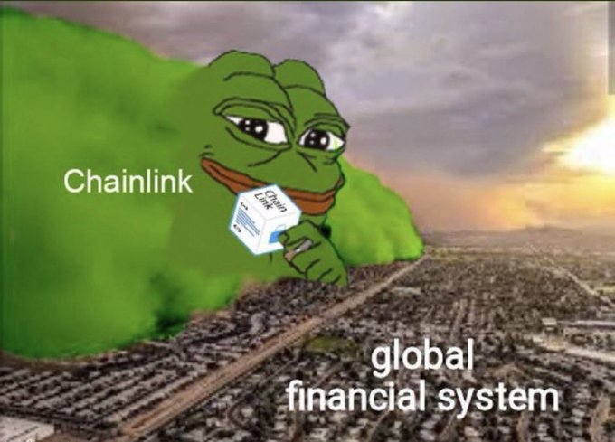 Pepe the Frog meme depicting a massive green Chainlink (LINK) character towering over a cityscape labeled as the 'global financial system,' drinking from a carton labeled 'Chain Link.'